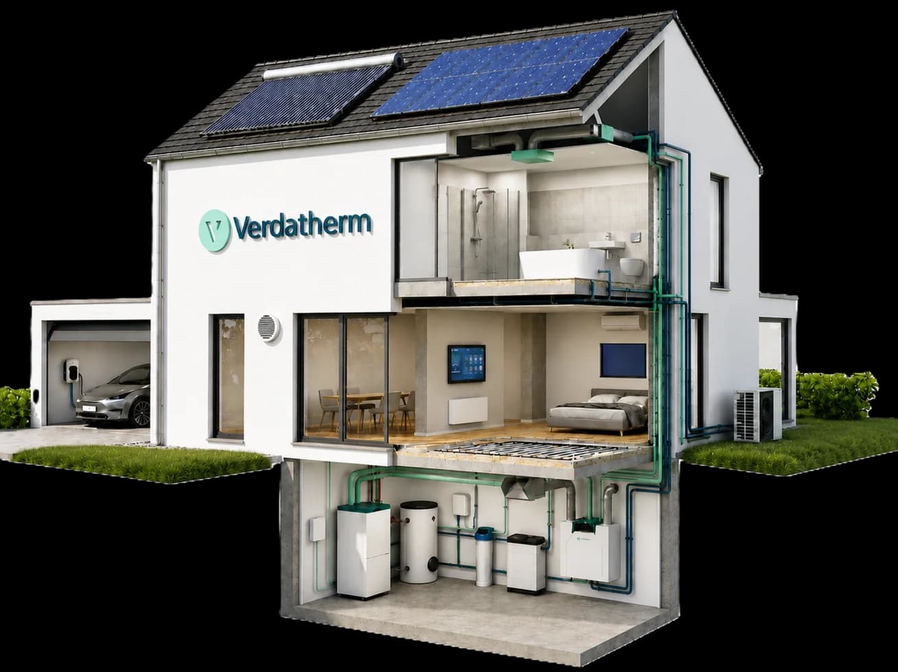 Schnittzeichnung eines Einfamilienhauses mit integrierter Verdatherm-Gebäudetechnik: Heizung, Lüftung, Sanitär, Solar und E-Mobilität.